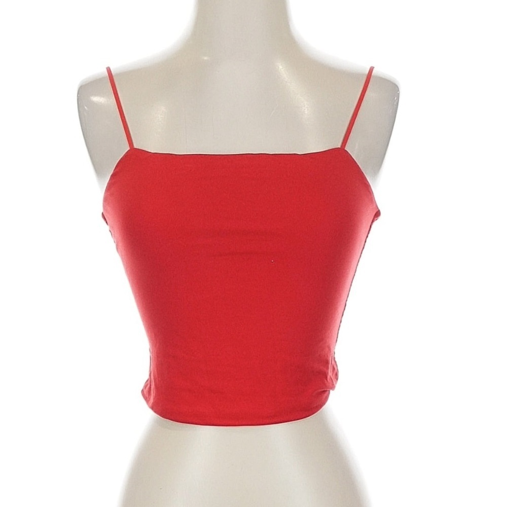 Everlane red sleeeveless cropped tank top thin strap lower back supima cotton